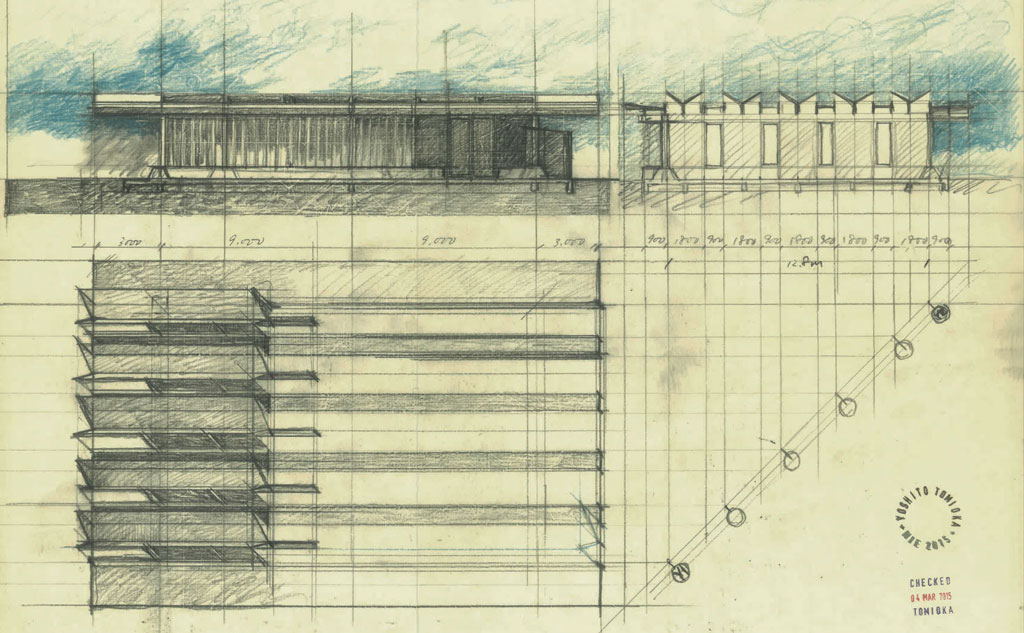 wood roof proposal, pencil on yellow trace, 2015